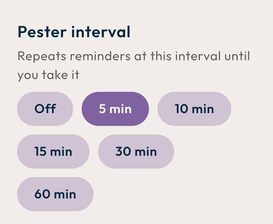 Pester interval options from Off to 60 minutes, with 5 min selected