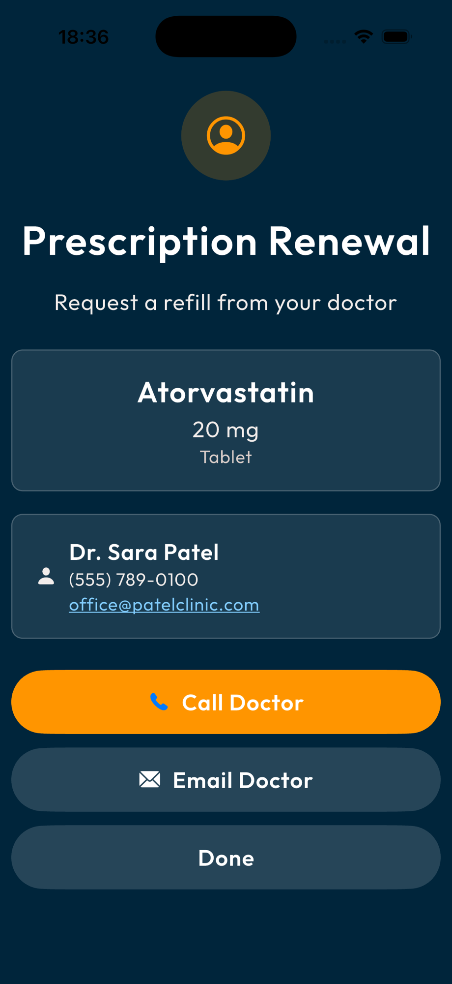 Prescription renewal alert with Call Doctor and Email Doctor actions