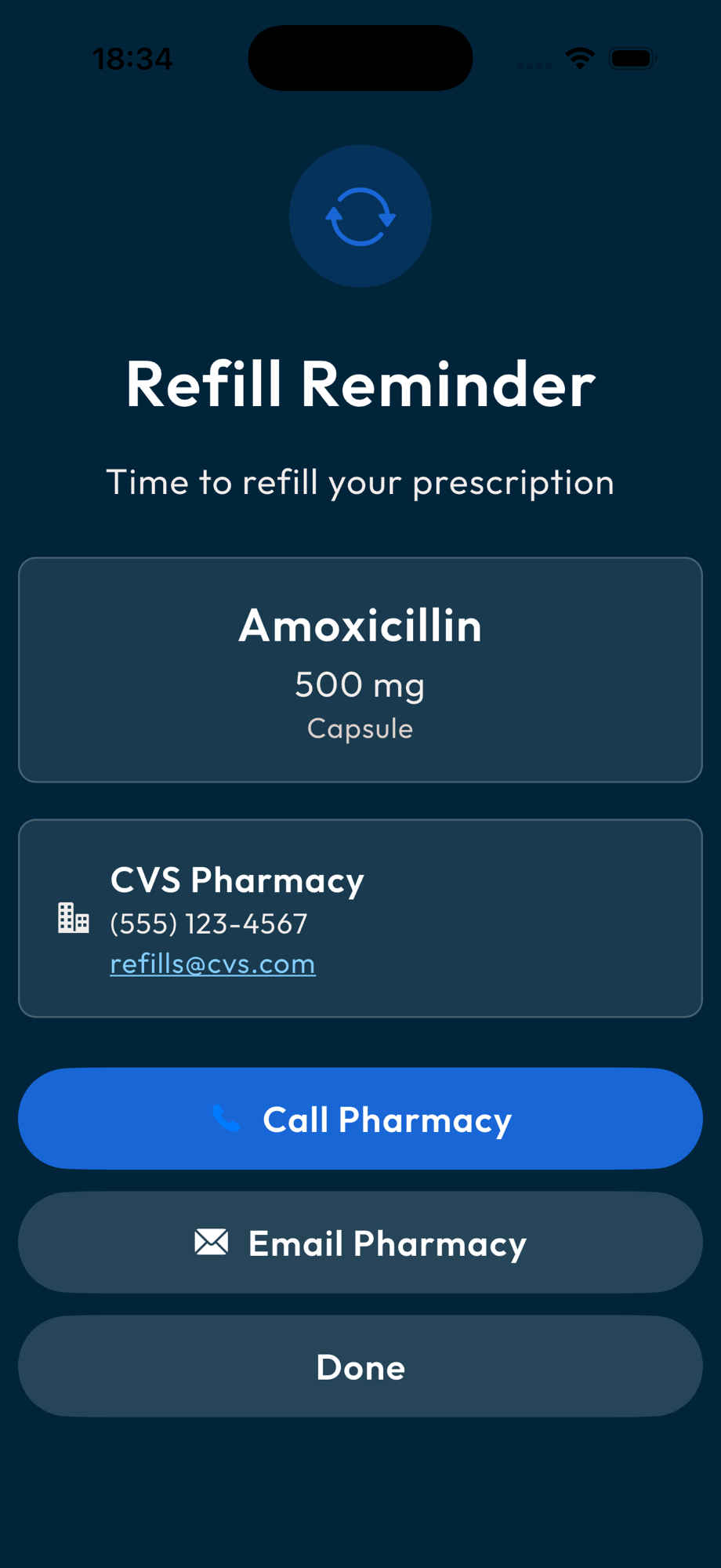 Refill reminder alert with Call Pharmacy and Email Pharmacy actions