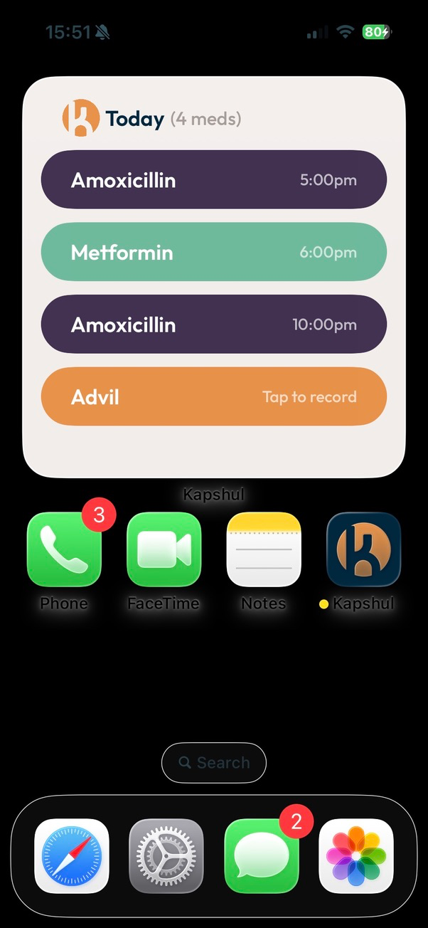 Kapshul home screen widget showing today's medications